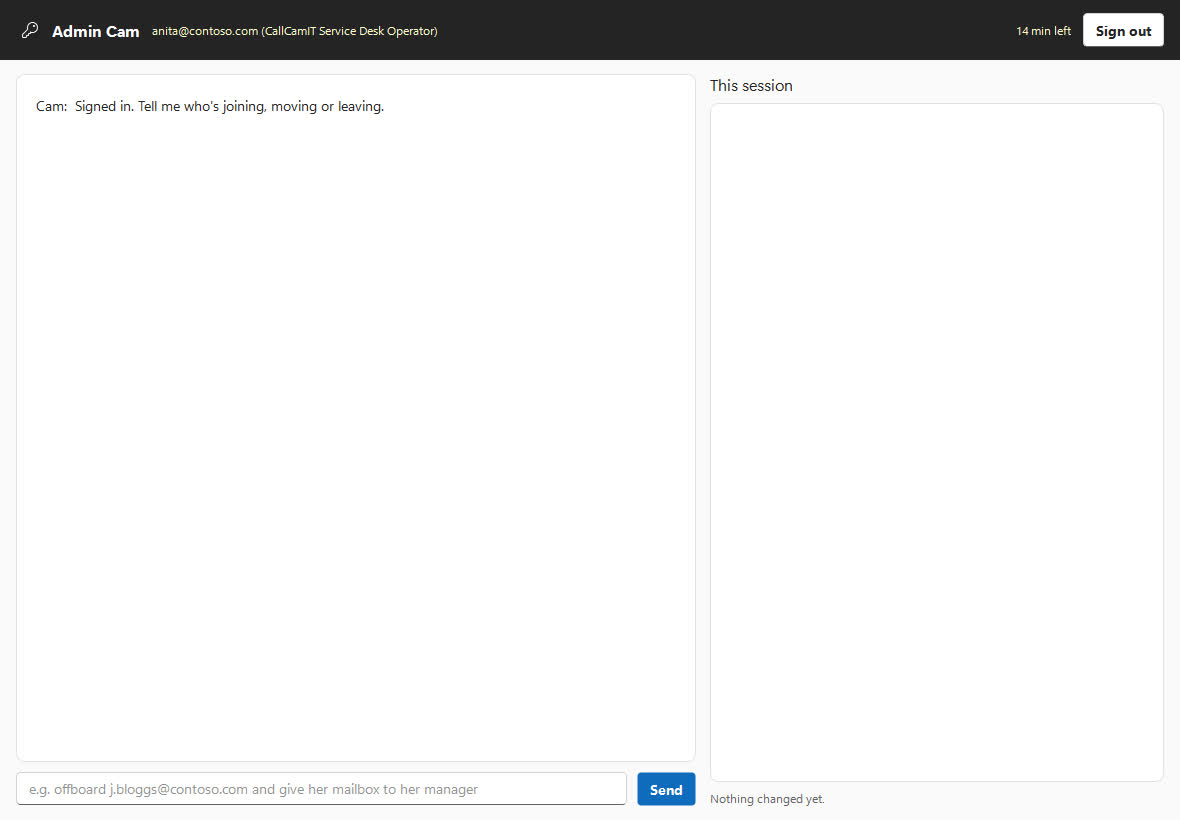 Admin Cam offboarding a leaver in plain English, with each change recorded in the session panel as it happens.